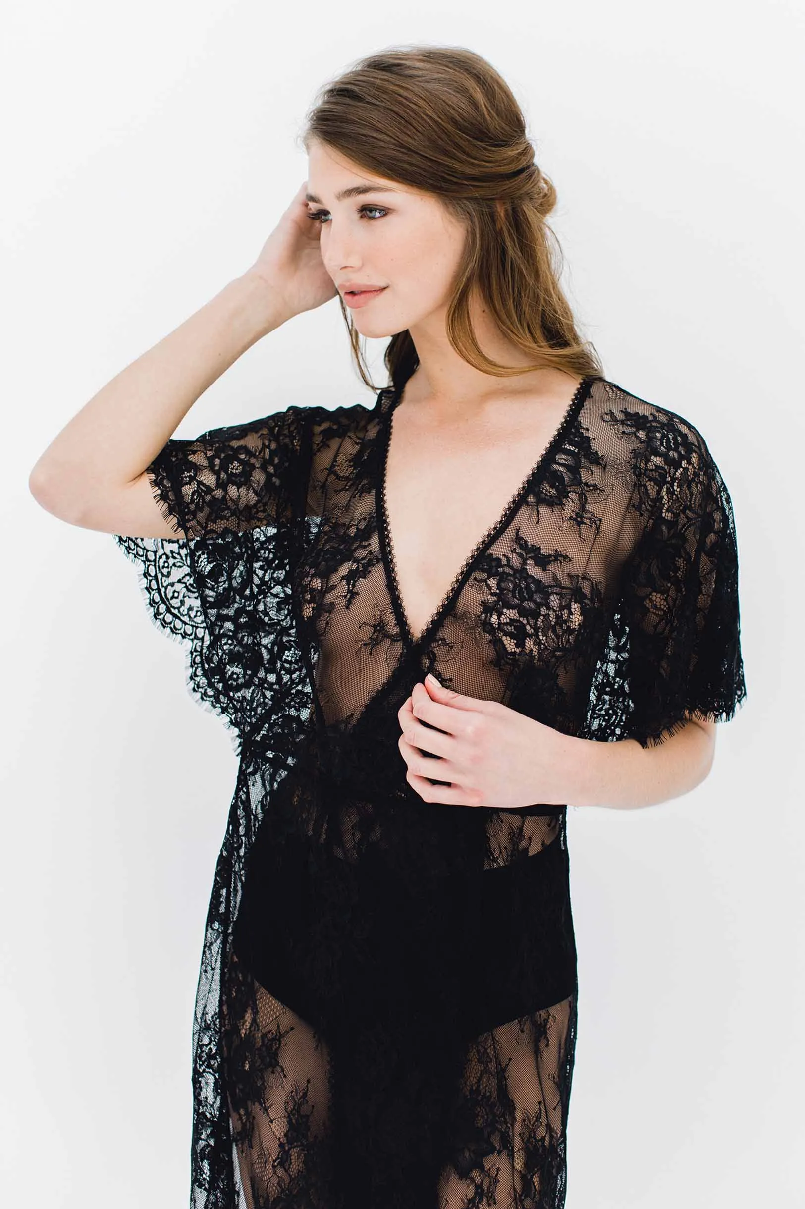 Anita Midi lace robe with flutter kimono sleeves in Ivory