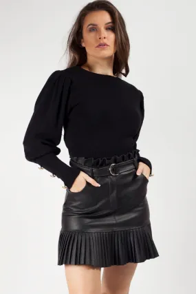 Black Puff Sleeve Jumper With Gold Button Detail