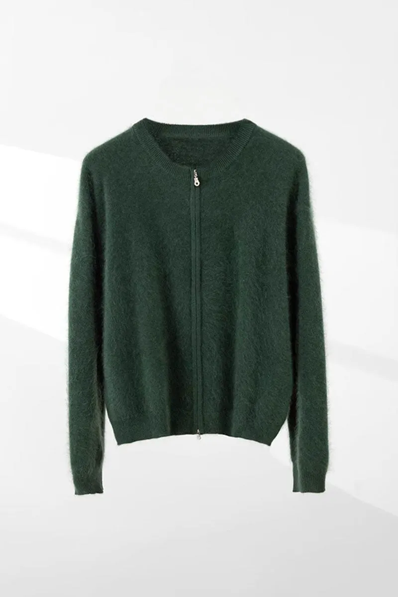 Chunky Brushed Cashmere Full-Zip Bomber Cardigan