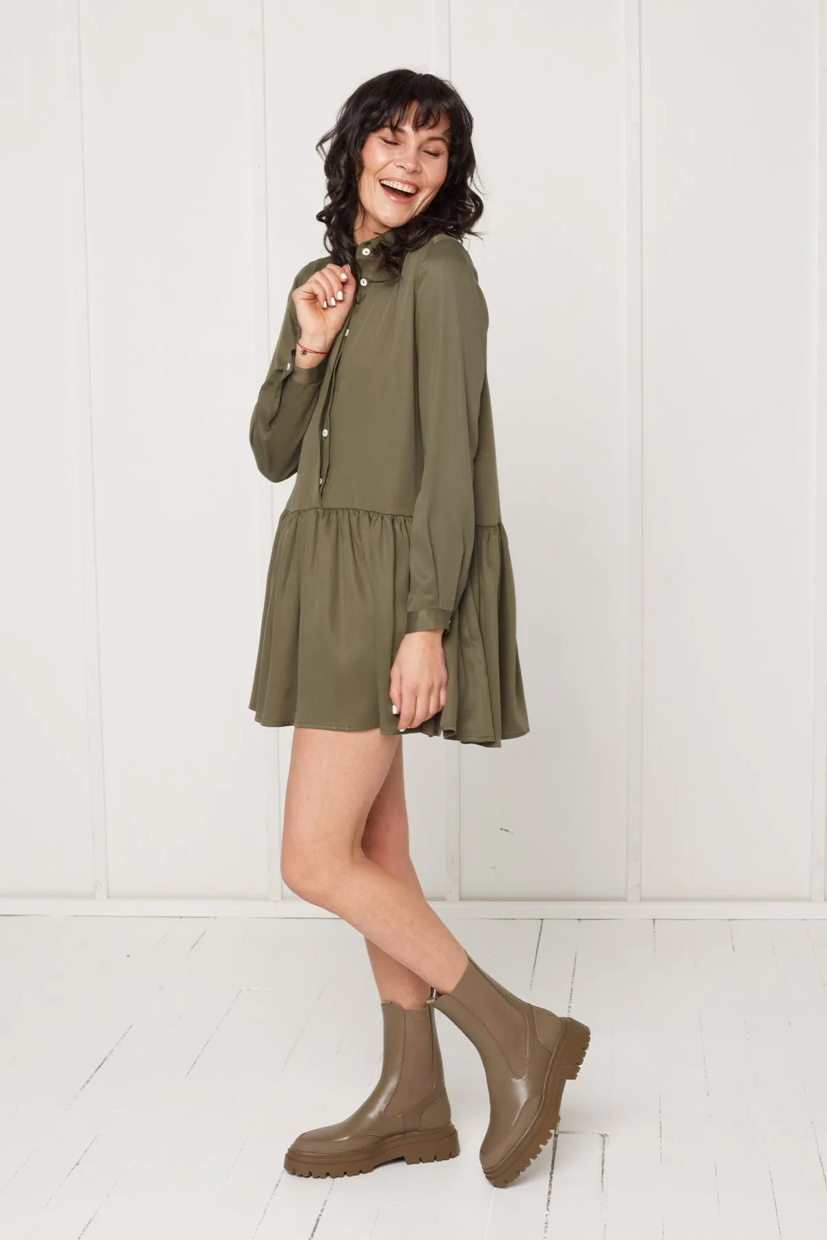 DANA tencel shirt dress with front frill in military green