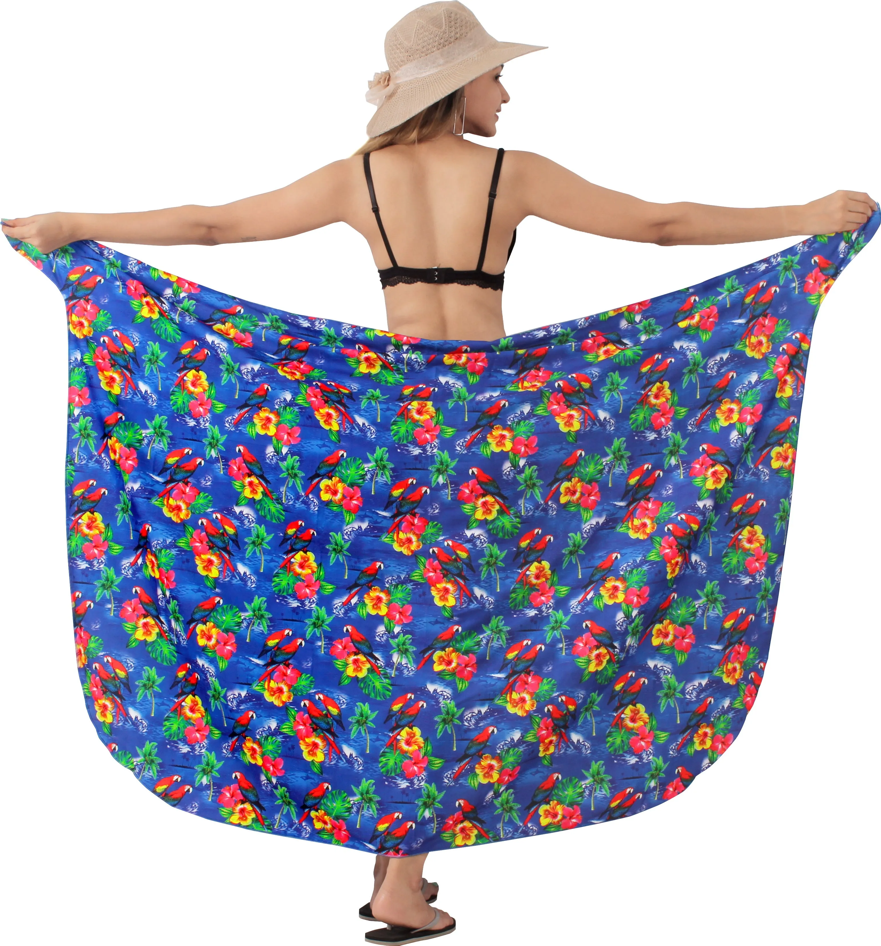 Exotic Paradise Non-Sheer Hibiscus Flower and Parrot Print Beach Wrap For Women