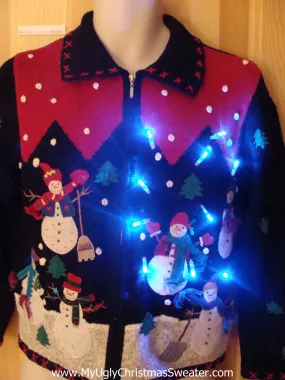 Funny Christmas Sweater with Lights Snowmen Friends