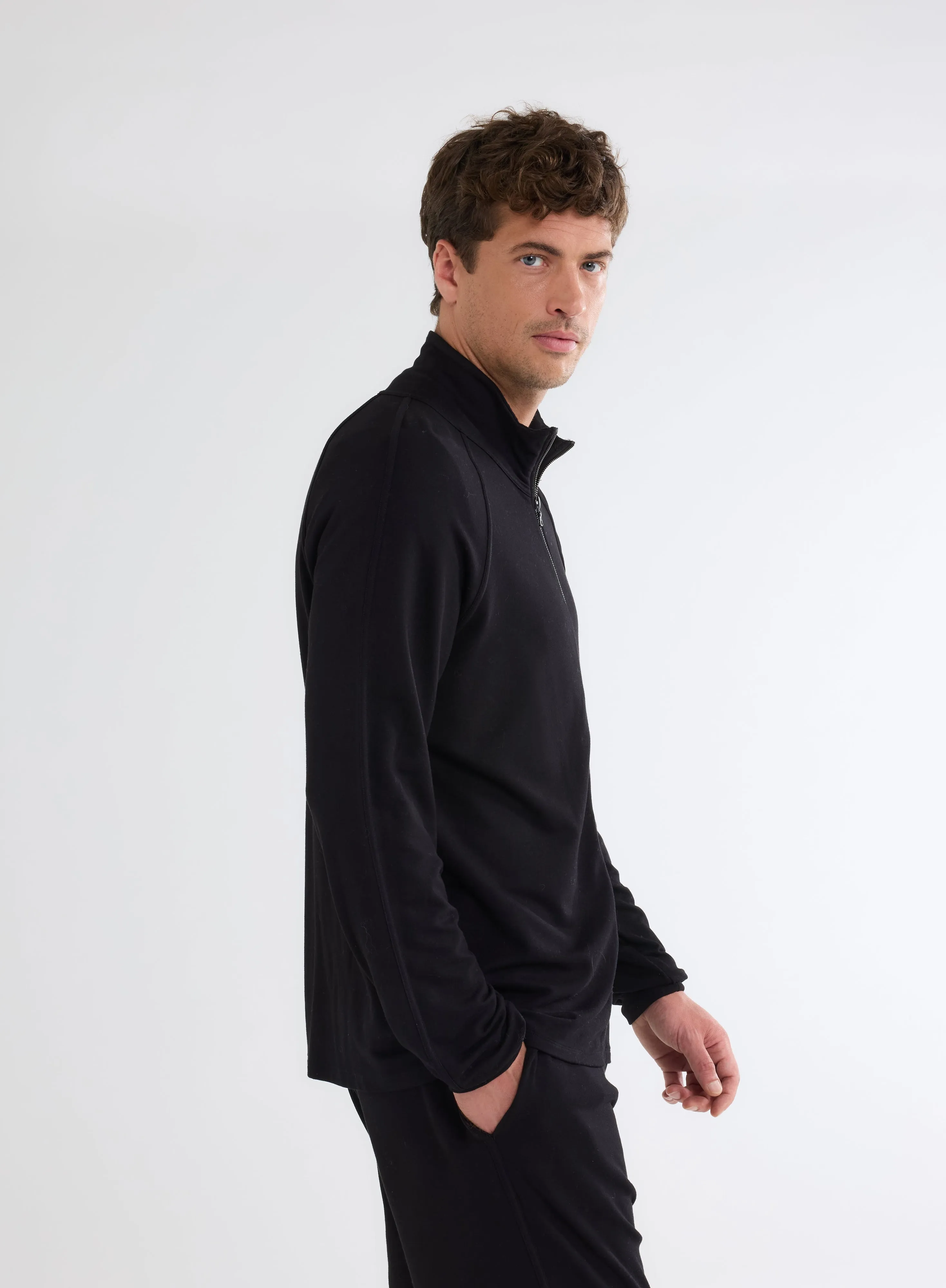 Gilet Zippé Noir Col Montant Manches Longues en Viscose et Élasthanne