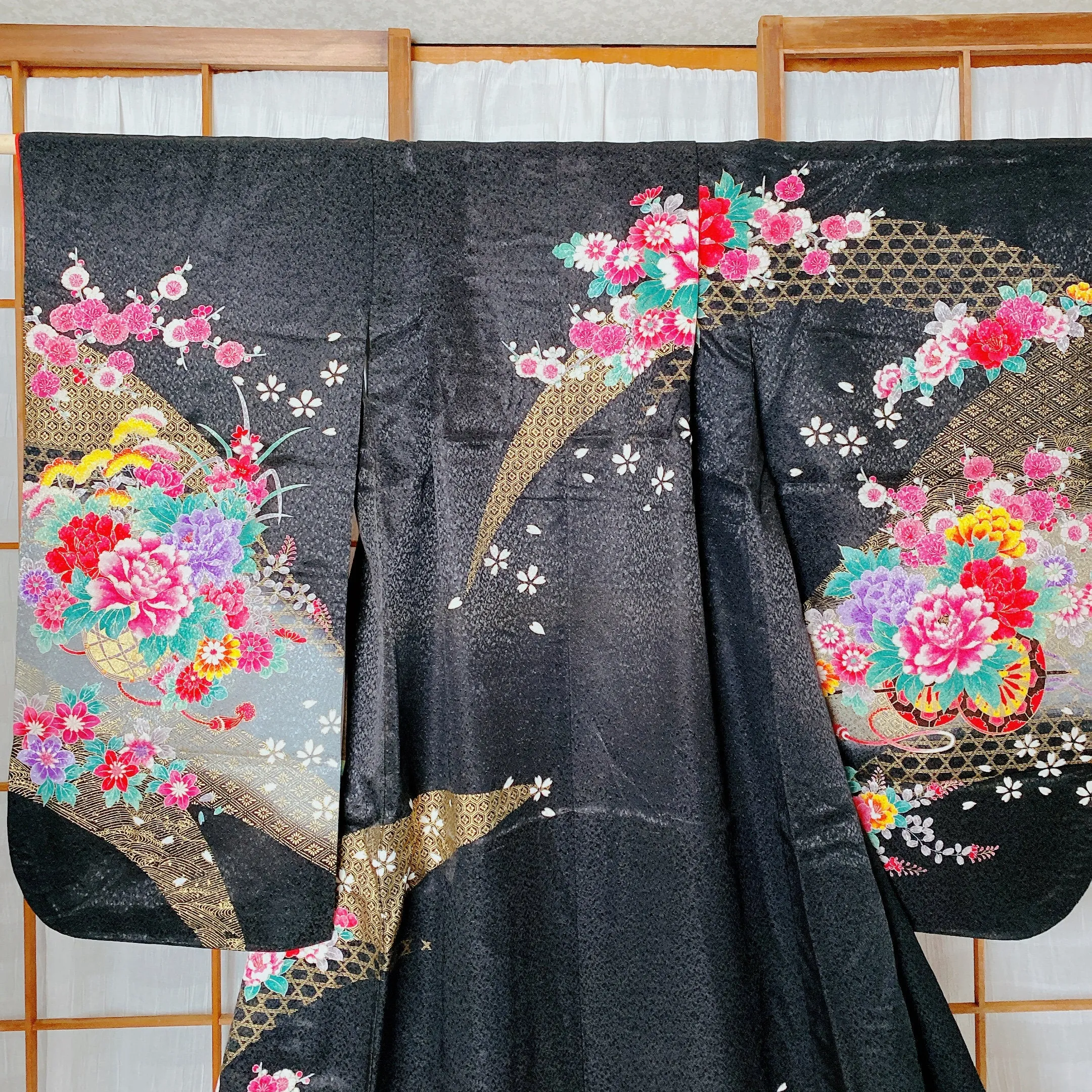 Girl's Kimono, Black Floral, Polyester, Genuiune Japanese Kimono, International days, Cultural fairs, Theatrical Costume, Display piece