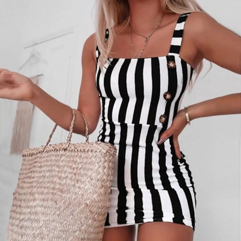 JuliaFashion - 2024 Sexy Women Striped Mini Pencil Dress Backless Elegant Dresses