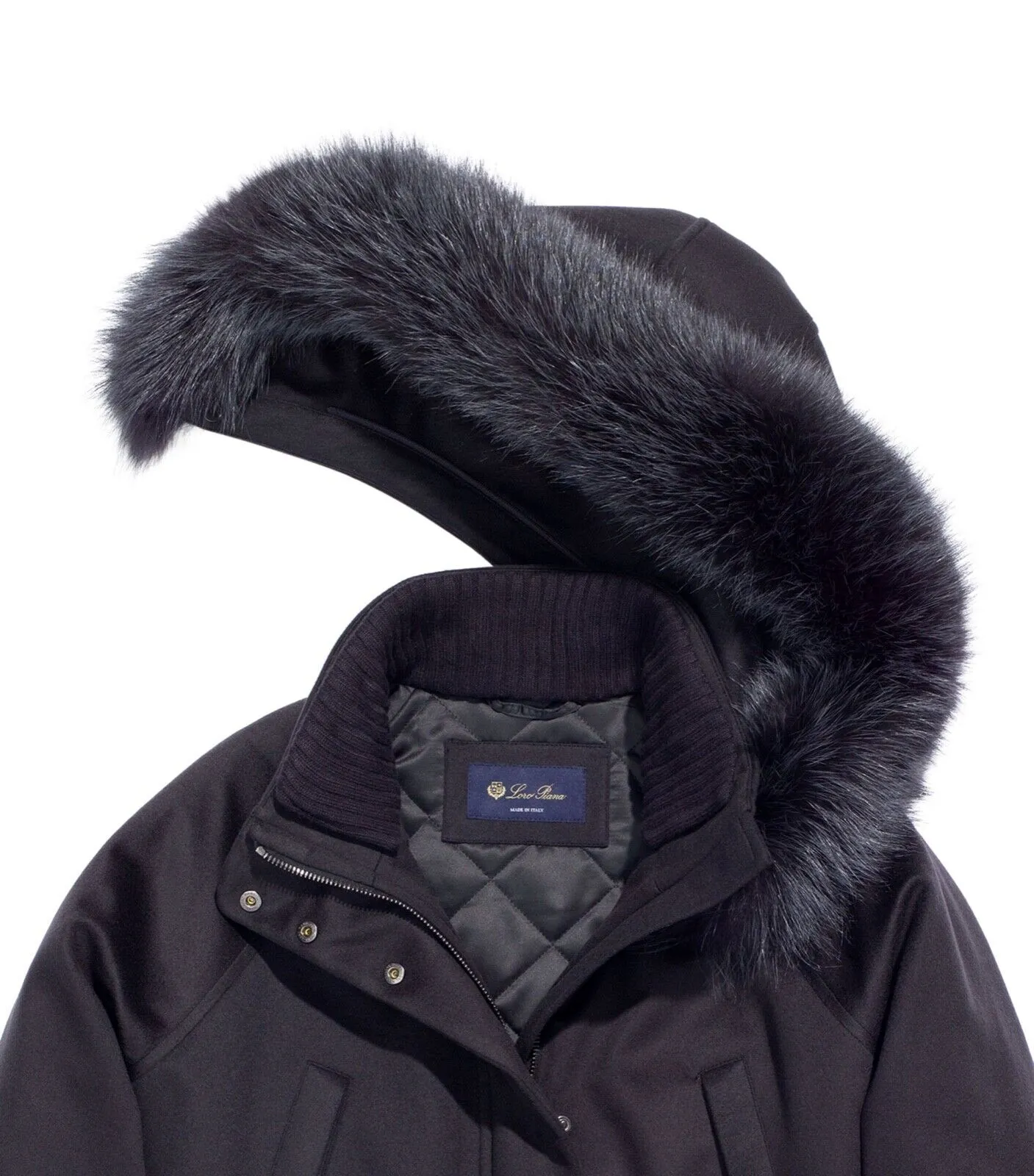 LORO PIANA CASHMERE ICERY FOX HOODIE VICUNA COAT BLACK SIZE I 42 UK 10 US 6 ladies