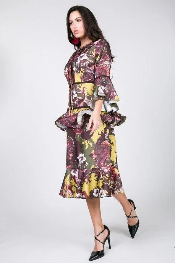 Mustard Cascade Ruffle Sleeve Frill Tiered Bottom Print Midi Dress
