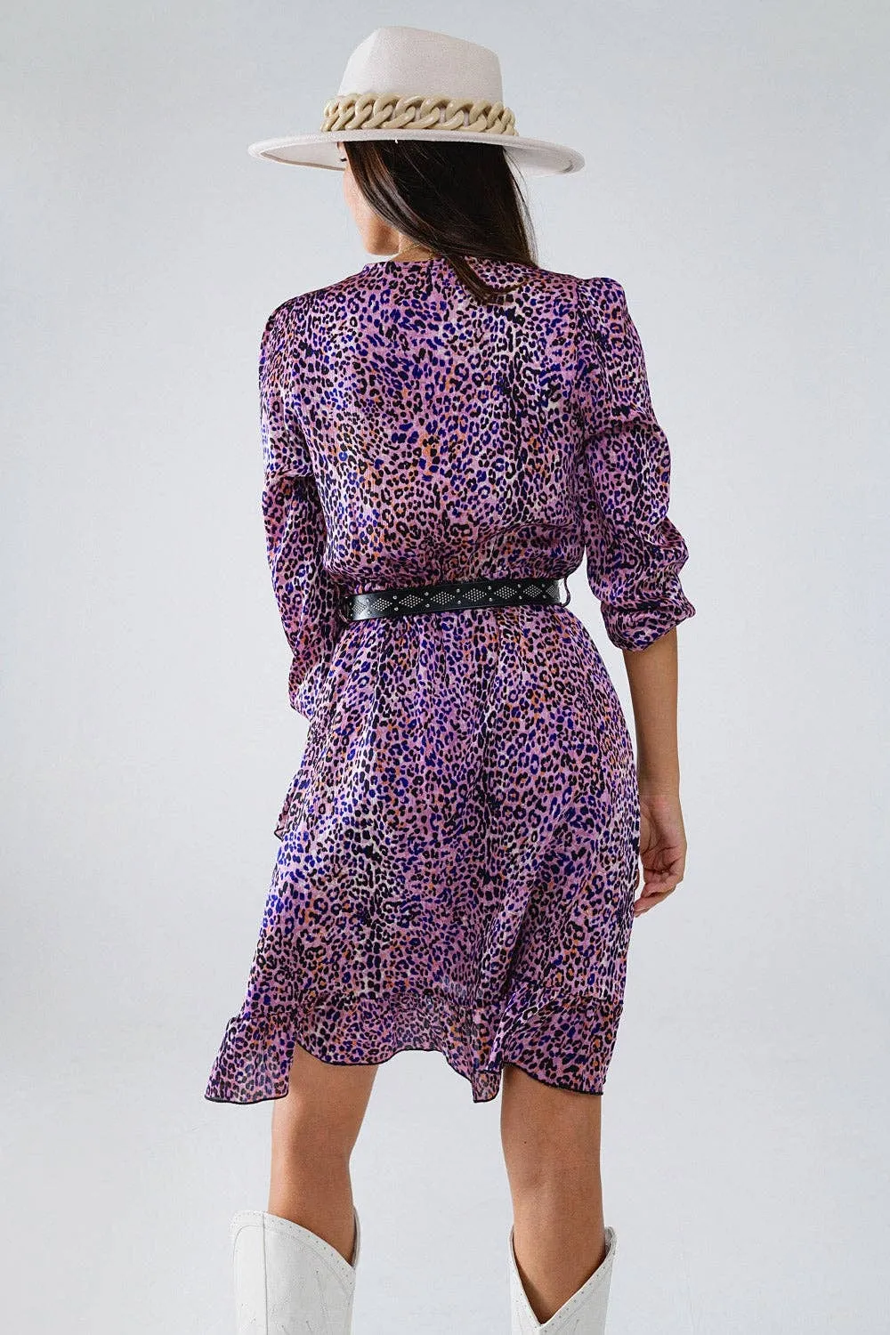 Purple Animal Print Wrap Dress With Ruffle Skirt