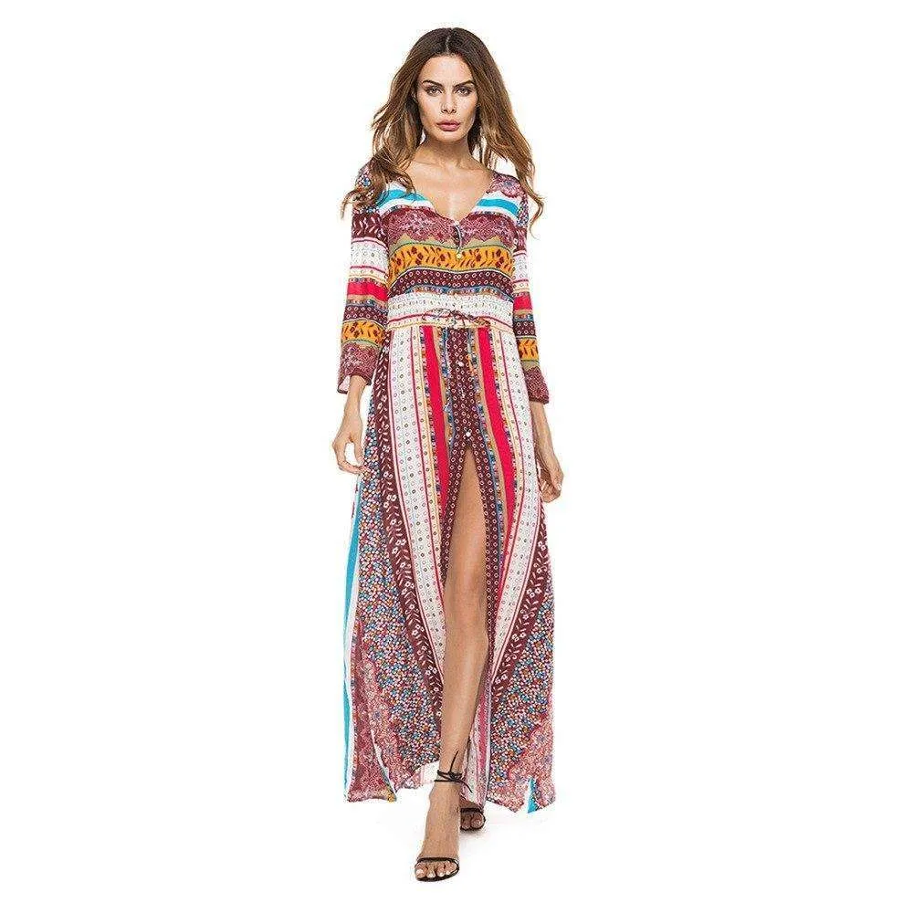 Rainbow Patchwork Bohemian Maxi Dress