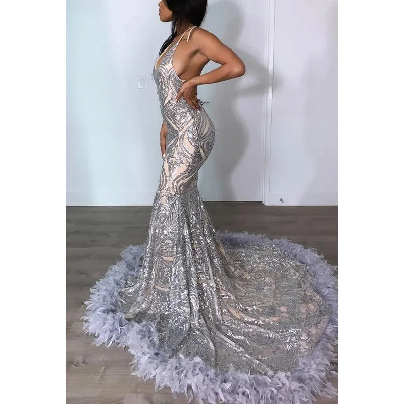 V-Neck Halter Sequins Satin Feather Mermaid Long Prom Evening Dress