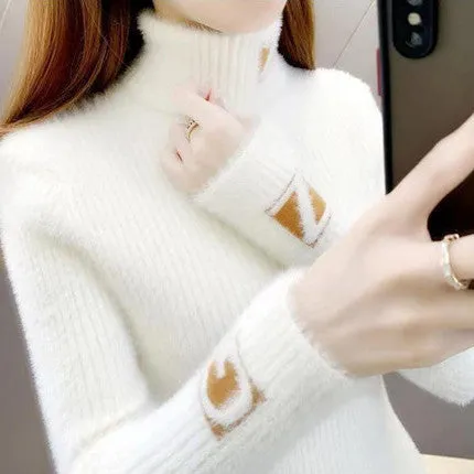 Women's Turtleneck Sweater Mink Fur Letter Jacquard