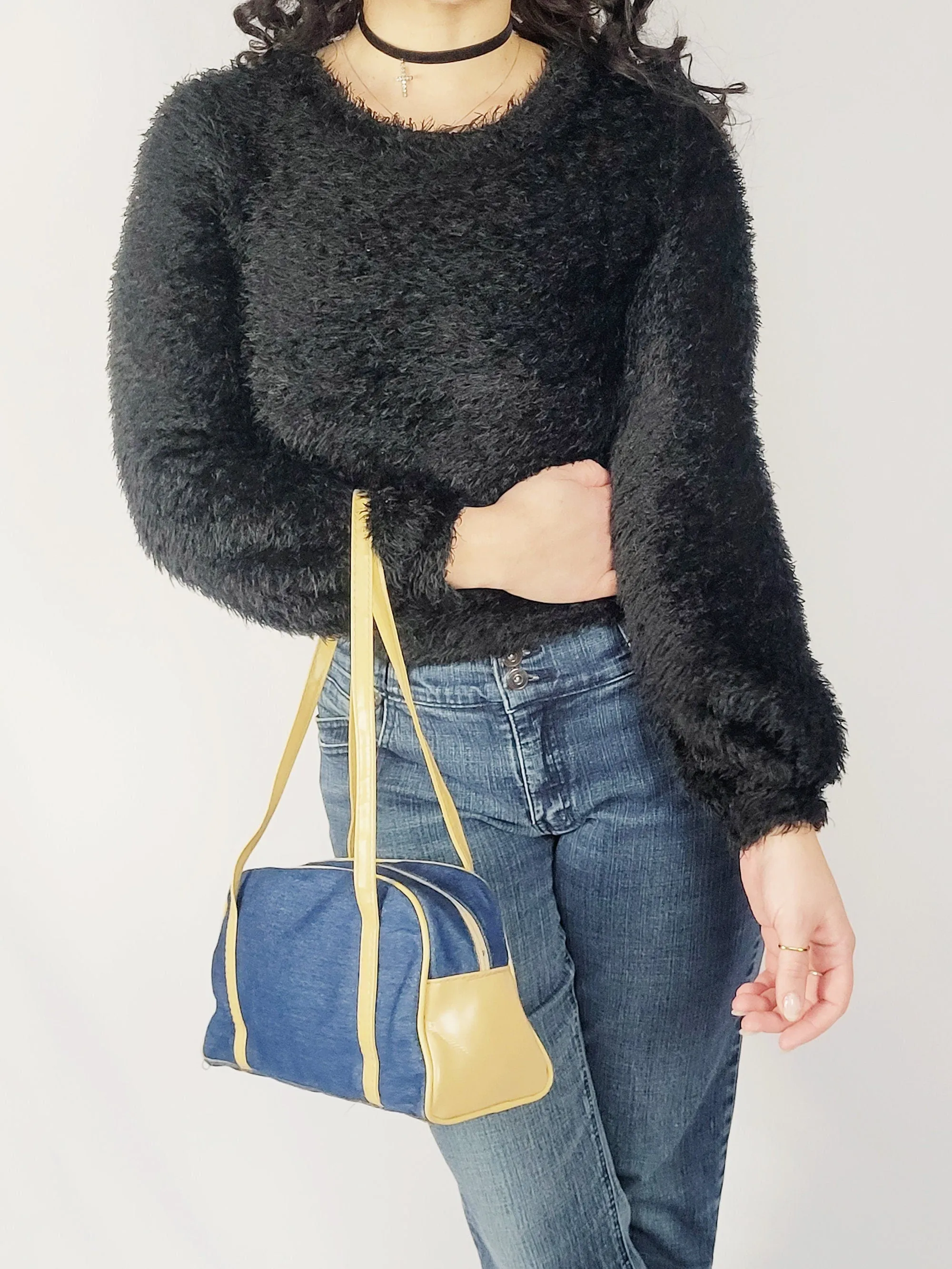 Y2K 00s retro black furry fluffy minimalist crop sweater top